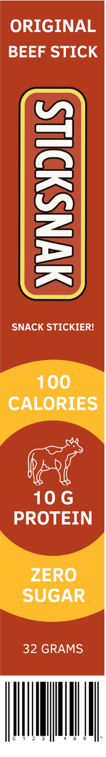 Sticksnack beef stick packaging with nutritional information and branding.